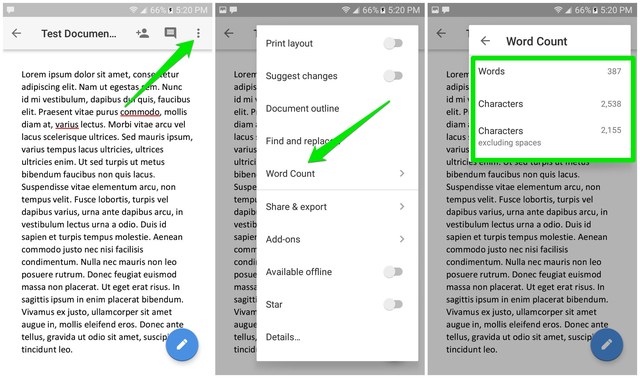 process to check word count on google docs android/ios app