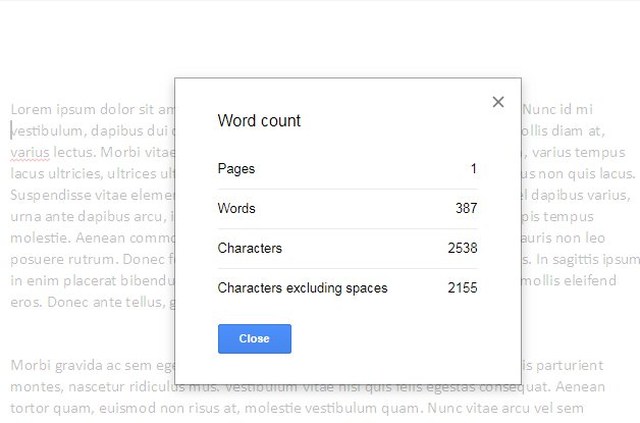 google docs word count window