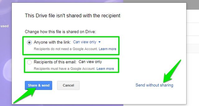 share and sending option of google drive