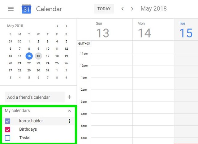 my calendars section in Google Calendar