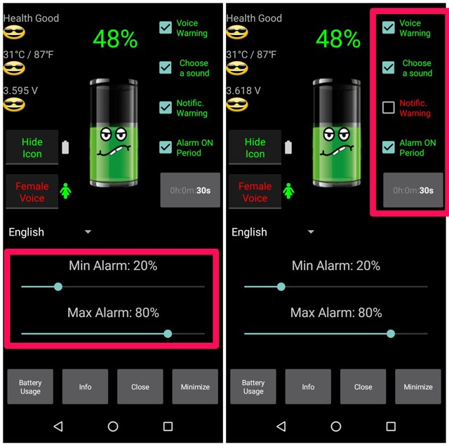 Battery Alarm set notifcation for battery charge