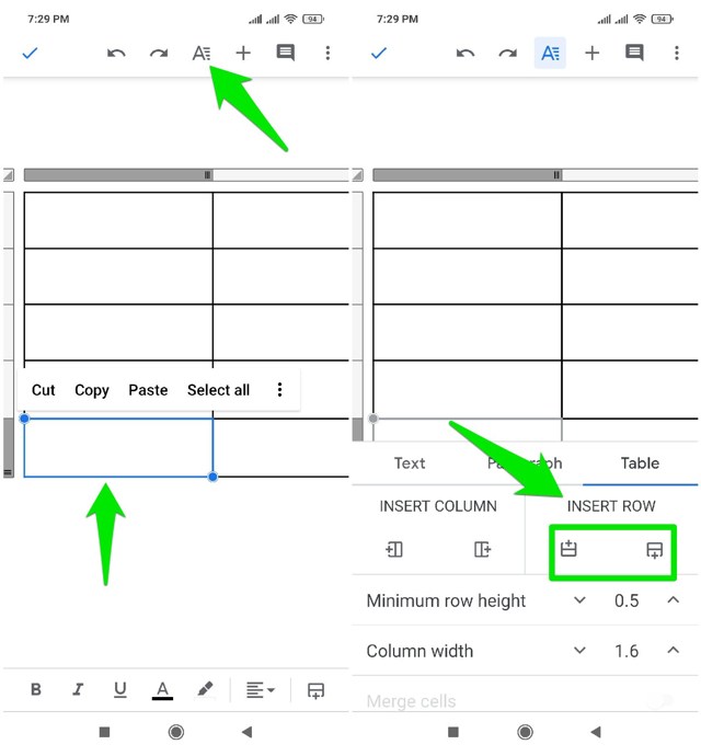 add rows in a table in Google docs mobile app