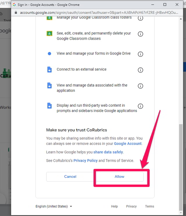 Allowing permission to access Google. 